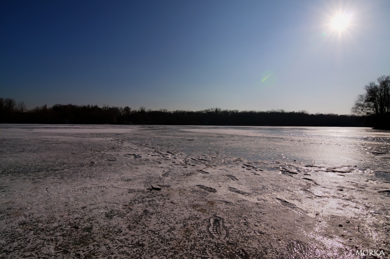 Traces de pas sur le lac d'Ollainville gelé